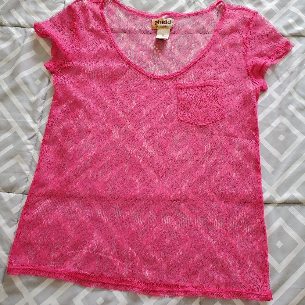 Mudd Hot Pink Sheer Lace Top Shirt